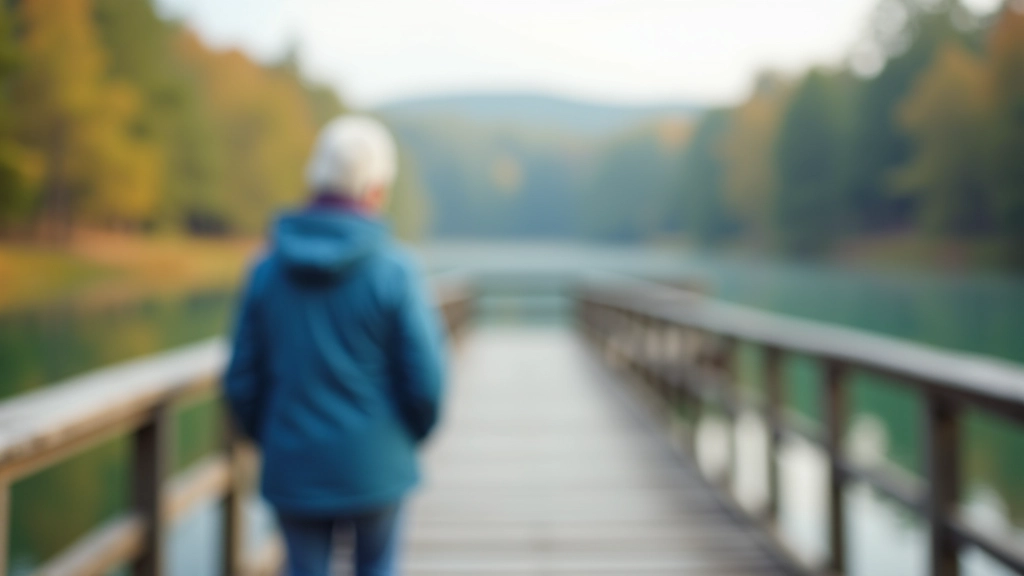 Senior w niebieskiej kurtce stoi na kładce z widokiem na jezioro i las
