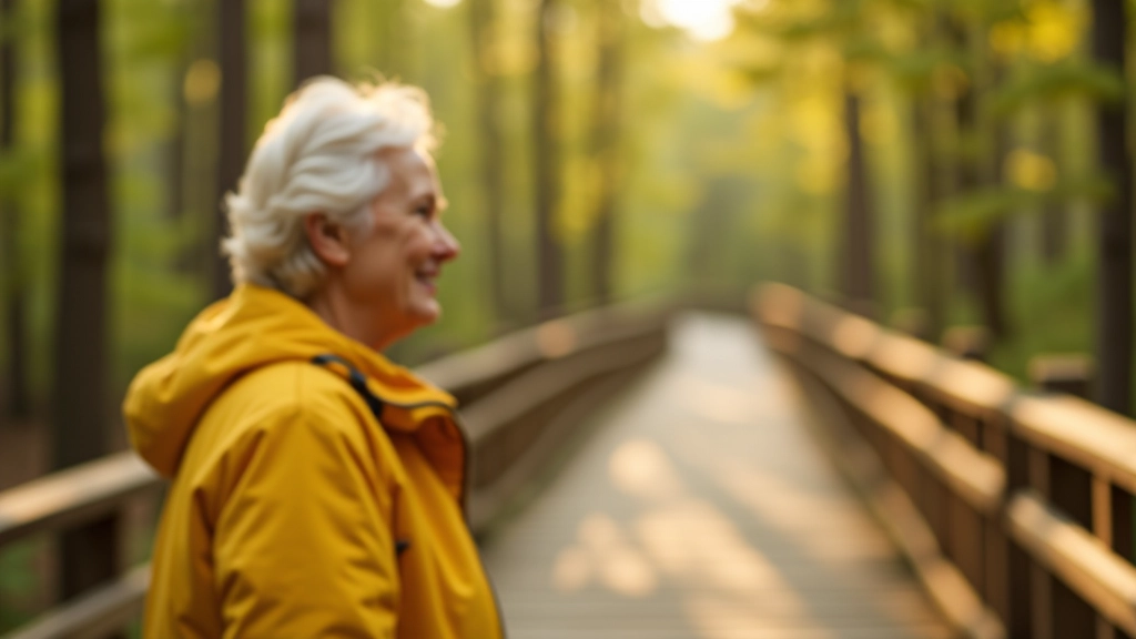 Seniorka w żółtej kurtce wskazuje na różnokolorowe znaki drogowe na drewnianej kładce, słoneczna pogoda