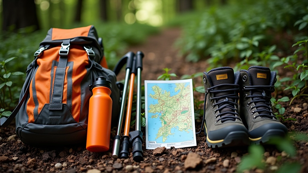 Rozłożone na ziemi przedmioty do spaceru — buty trekkingowe, kijki, plecak, mapę i akcesoria
