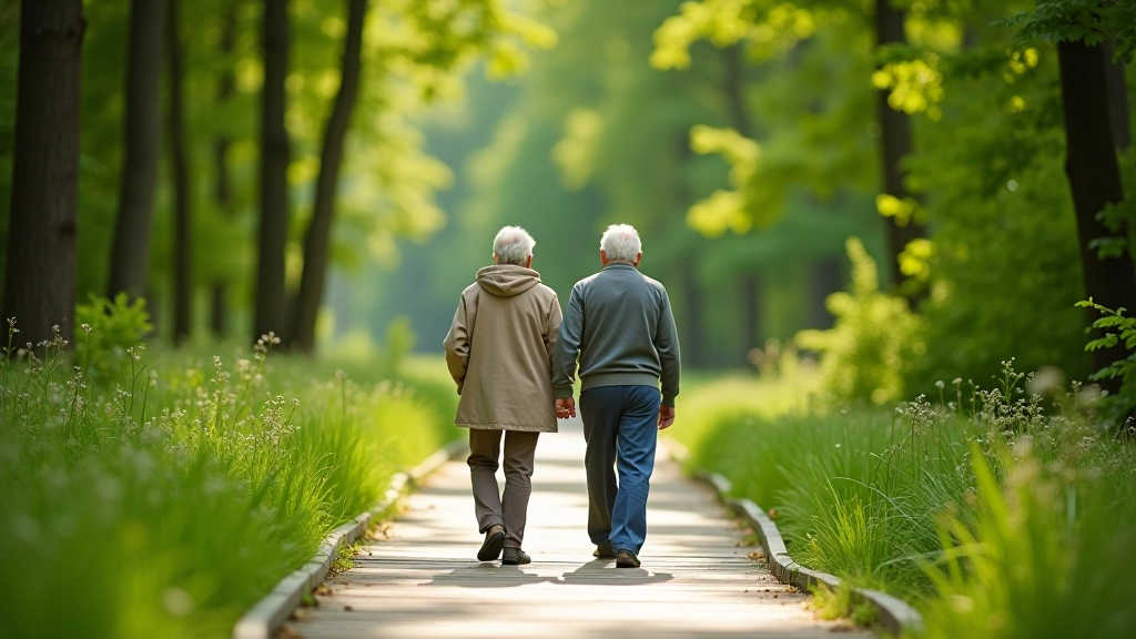 Dwa seniorowie spacerują po kładce w lesie, słoneczny dzień, zielona otoczka